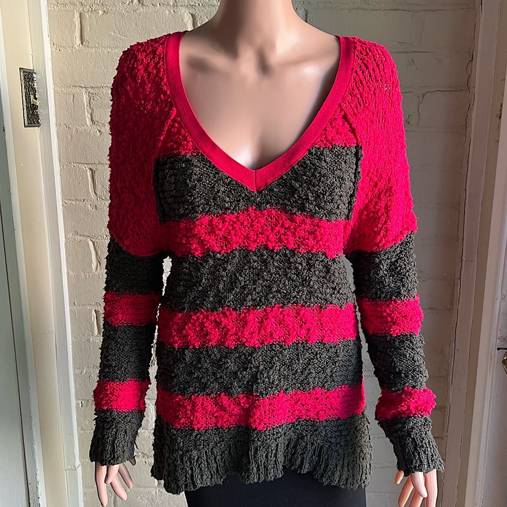 Free People size small army green and hot pink horizontal strip boho sweater
